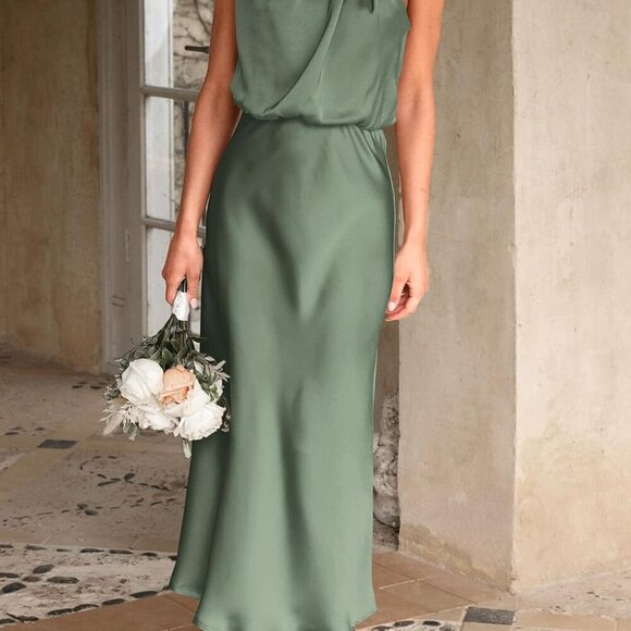 Women's 2025 Summer Satin Dress Elegant Sleeveless Mock Neck Cocktail Party Maxi - Picture 5 of 7